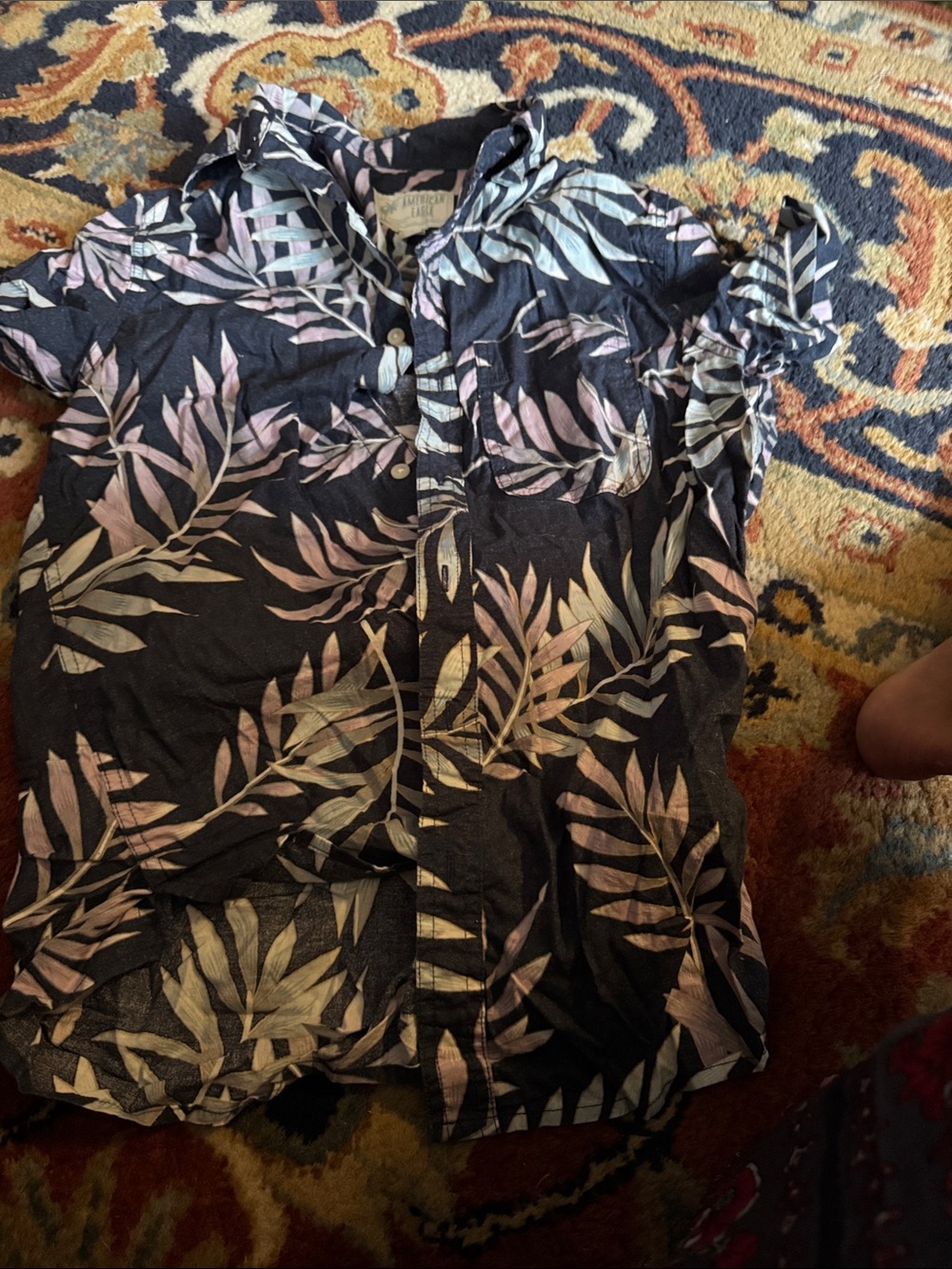 Men's Navy Tropical Leaf Short-Sleeve Shirt